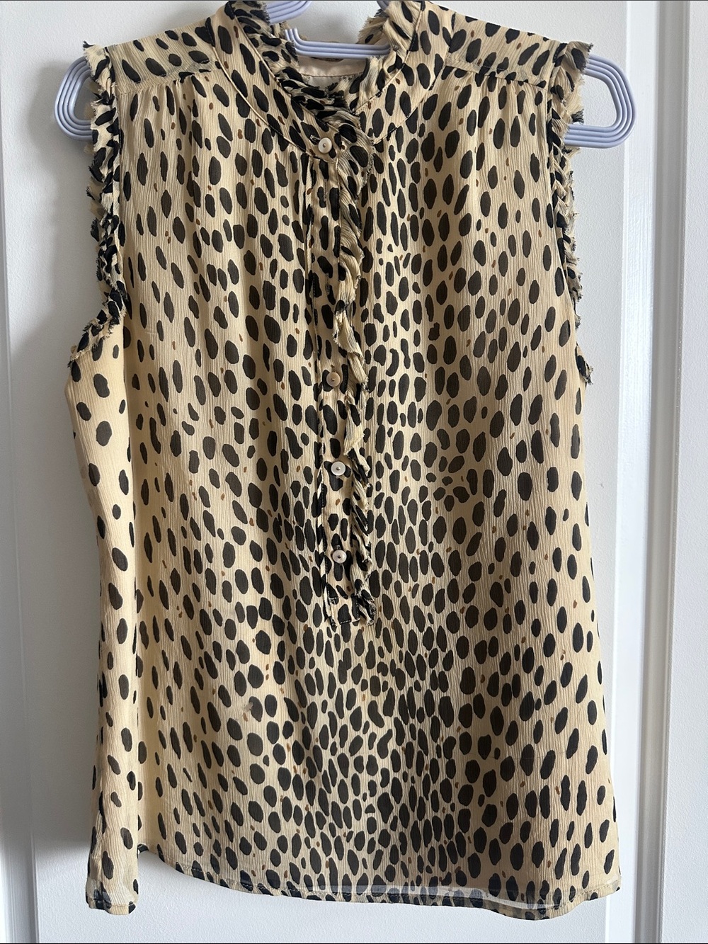 J Crew Sleeveless Ruffle-Trim Animal Print Blouse - Beige/Black Size 4